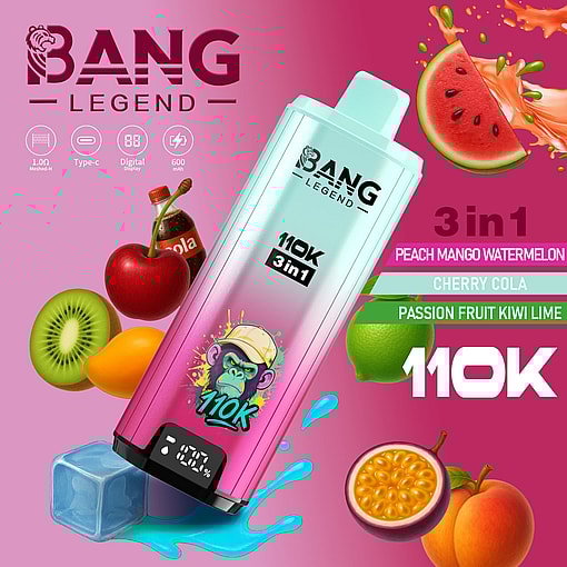 Bright pink Bang Legend 110K 3in1 e-liquid bottle with cartoon monkey logo, surrounded by colorful fruit illustrations.