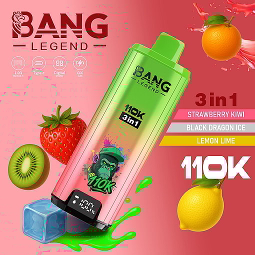 Diagonal Bang Legend 3in1 energy drink bottle with gorilla logo and 110K label, amid strawberry, kiwi, lemon and orange.
