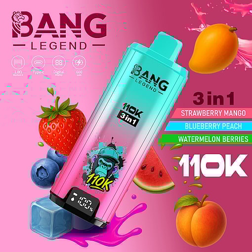 Bang Legend 110K 3in1 vape device with cartoon monkey logo and flavors Strawberry Mango, Blueberry Peach, Watermelon Berries.