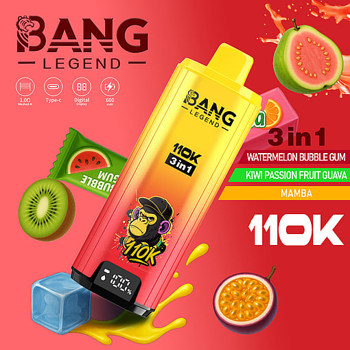 Bright Bang Legend 110K 3in1 energy drink bottle with a monkey logo, surrounded by fruit graphics and flavor labels.