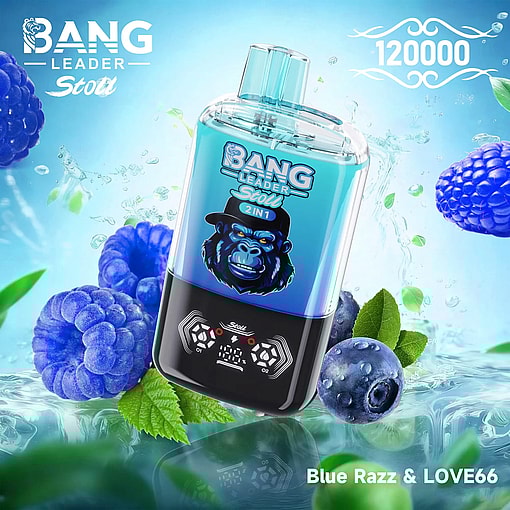 Blue Bang Leader Stoli 2 in 1 bottle with a hat-wearing gorilla logo and a digital display, among blue raspberries.