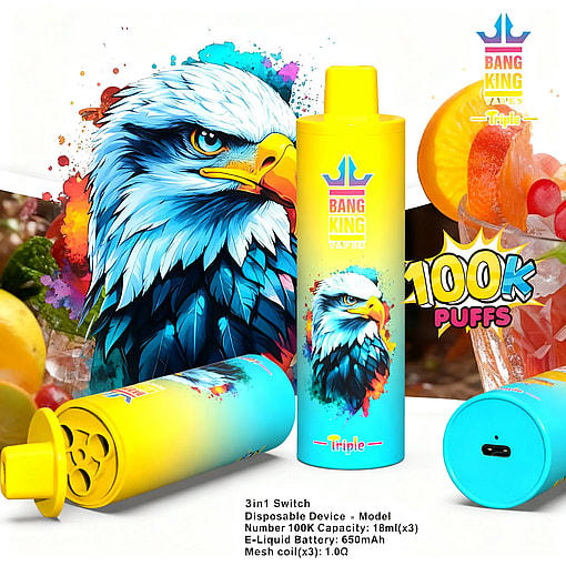 Vibrant yellow-blue Bang King 100K puff disposable vape featuring an eagle illustration and fruit background.