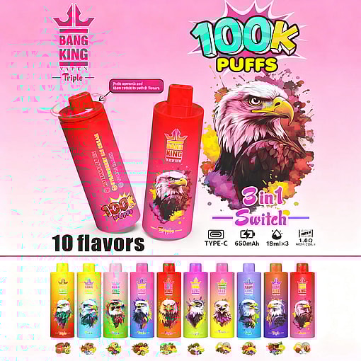 Bright pink Bang King vape ad with 100k Puffs, 3-in-1 Switch, two red devices with an eagle logo, plus colorful bottles.