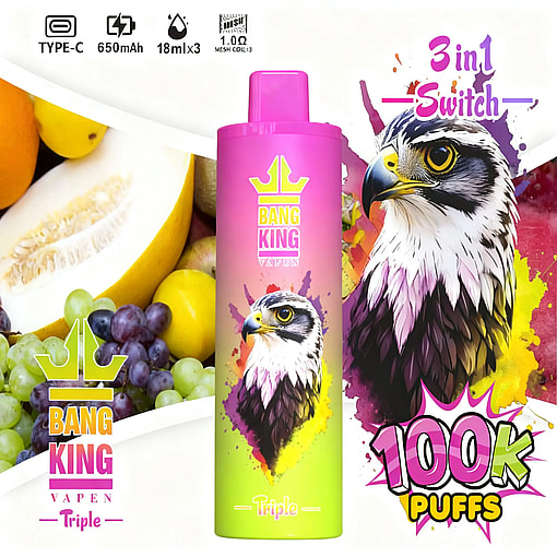 Bright gradient Bang King vape bottle with pink cap, showing an illustrated eagle and the Bang King logo against colorful fruit artwork.