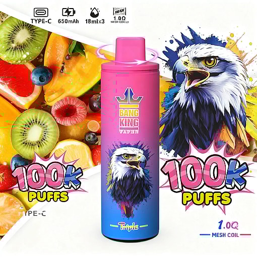 Pink Bang King vape bottle with an illustrated eagle, set against a colorful fruit collage and 100K PUFFS text.