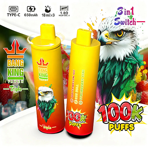 Two yellow Bang King vape bottles with eagle artwork, 100k puffs, on a colorful parrot-themed background.