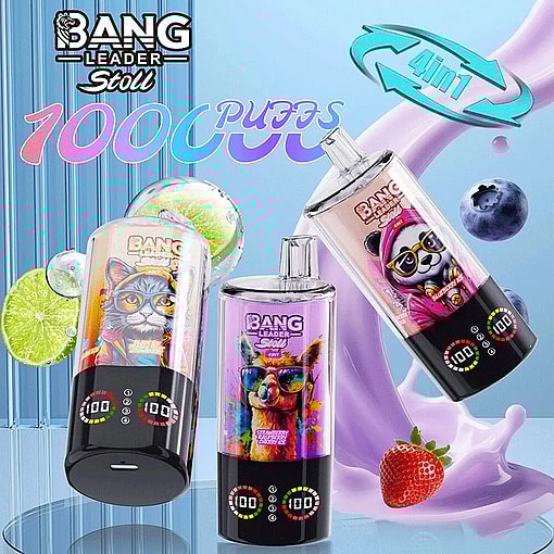 Three colorful vape-like bottles with animal artwork and digital readouts on black bases, set against a blue backdrop.