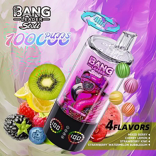 Pink Bang Leader vape device labeled 1000 puffs and 4 flavors, surrounded by kiwi, lemon, berries and watermelon.