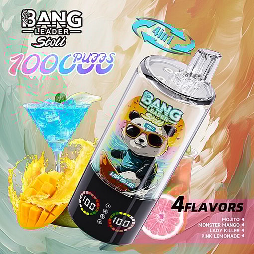 Panda-themed vape device labeled Lady Killer with a 4in1 graphic, listing four flavors (Mojito, Monster Mango, Pink Lemonade, Lady Killer) against a tropical background.