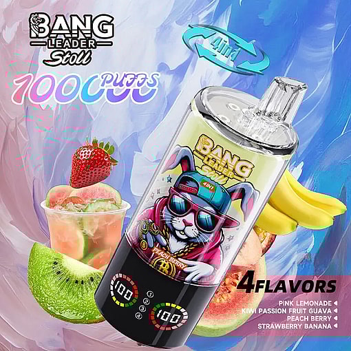 Vape juice bottle featuring a sunglasses-wearing bunny mascot, with a fruit-filled background and four flavors: Pink Lemonade, Kiwi Passion Fruit Guava, Peach Berry, Strawberry Banana.