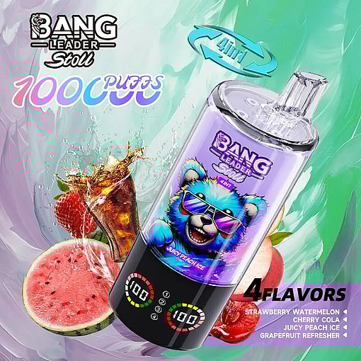 Vape bottle with purple label and blue panda in sunglasses, set against a bright fruit background; four flavors.