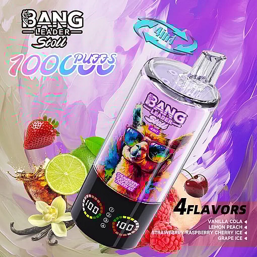 Colorful Bang Leader vape bottle featuring a rainbow llama wearing sunglasses and 4 flavors.