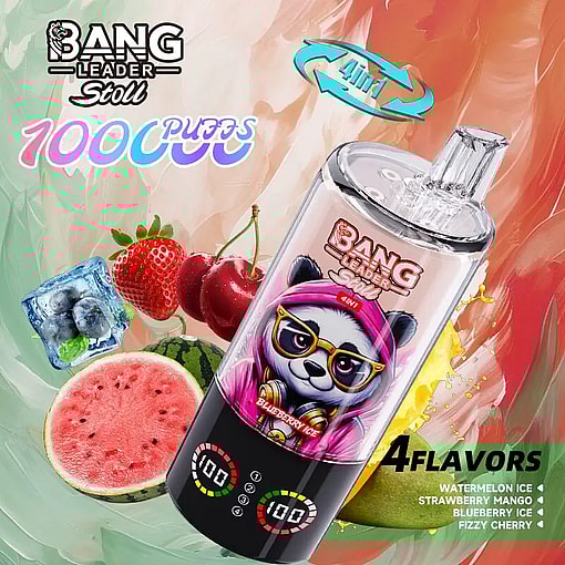 Colorful Bang Leader Stoll 4-in-1 vape ad with a central device and fruit imagery, promoting four flavors: watermelon ice, strawberry mango, blueberry ice, and fizzy cherry.