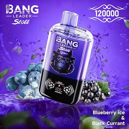 Purple Bang Leader Stoll 2-in-1 bottle with a hat-wearing gorilla logo, surrounded by blueberries and black currants.