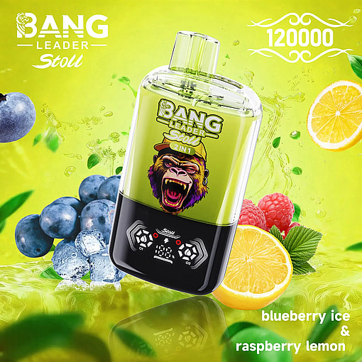 Bright lime Bang Leader Stoll 2 in 1 bottle with a roaring gorilla, set against blueberries, raspberries and lemon slices.