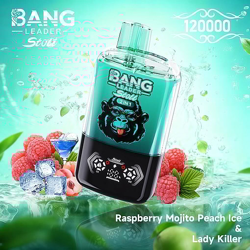 Turquoise Bang Leader Stool 2in1 bottle with a monkey logo, surrounded by raspberries, ice cubes and mint leaves, promoting Raspberry Mojito Peach Ice & Lady Killer.