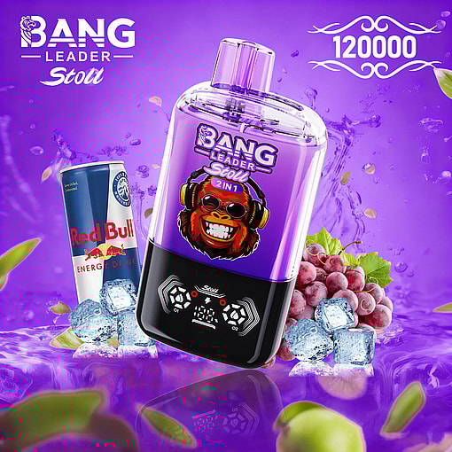 Purple Bang Leader Stoll 2-in-1 bottle with a gorilla with headphones logo, shown with a Red Bull can, grapes and ice cubes.