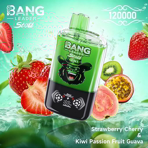 Green Bang Leader Stoll 2-in-1 bottle with a gorilla logo, set among fruit; Strawberry Cherry & Kiwi Passion Fruit Guava.