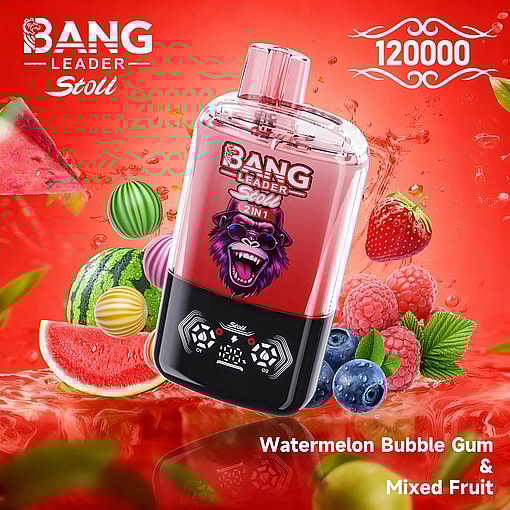 Bang Leader Stoll 2 in 1 portable bottle with purple gorilla logo, pink label, against a red fruit background.