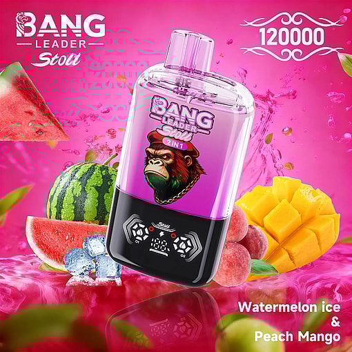 Bang Leader Stoll 2-in-1 bottle with a gorilla logo on a purple label, amid watermelon, mango, and peach fruits; Watermelon Ice & Peach Mango flavor.