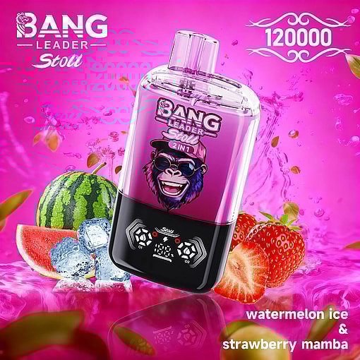 Pink Bang Leader Stoli smoothie blender with a black base and digital control panel, surrounded by watermelon, ice, and strawberries.