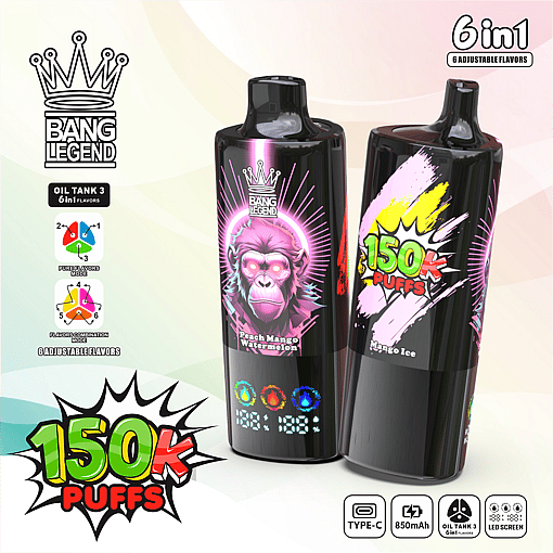 Deux appareils de vape Bang Legend noirs avec des illustrations roses et jaunes éclatantes, l'un avec un visage de singe rose brillant étiqueté " Peach Mango Watermelon " et l'autre avec le texte " Mango Ice " et " 150K Puffs ", sur un fond pastel clair avec des icônes mettant en valeur 6 saveurs réglables, une charge de type C, une batterie de 850 mAh et un écran LED.