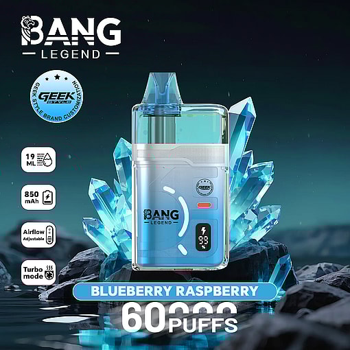 Bang Legend Blueberry Raspberry vape with blue device amid crystals; 19 mL, 850 mAh, 60 puffs, adjustable airflow, turbo.