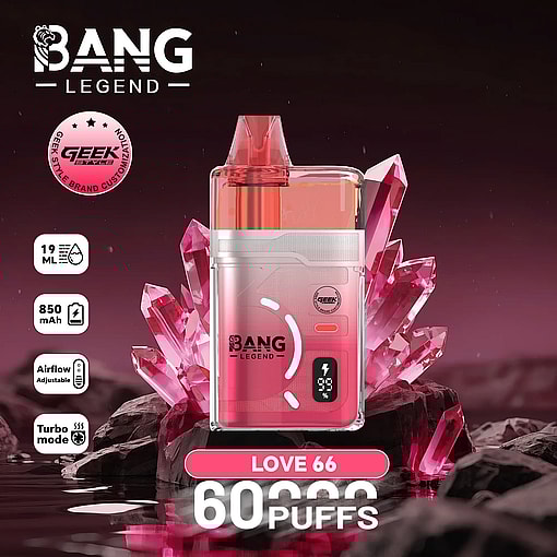 Pink Bang Legend Love 66 disposable vape against pink crystal backdrop, featuring 19 ml, 850 mAh, adjustable airflow, turbo mode, and 60 puffs.