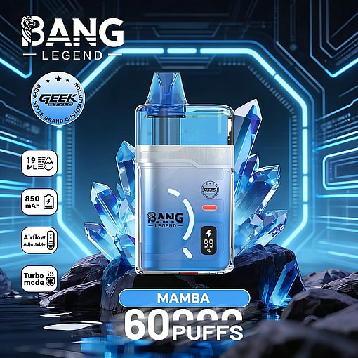 Bang Legend Mamba disposable vape in blue with icy crystals, 60 puffs, 850 mAh, 19 mL capacity, adjustable airflow.