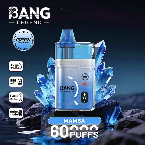 Bang Legend Mamba disposable vape with blue liquid and clear body; 850 mAh, 19 ml, adjustable airflow, turbo mode.