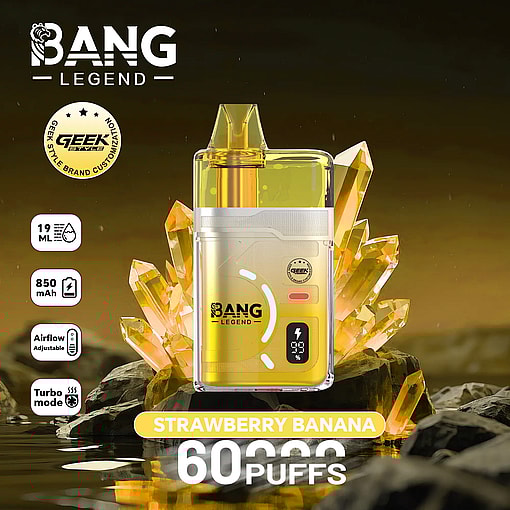 Bang Legend yellow disposable vape with strawberry banana flavor, 60 puffs; 19 ml, 850 mAh, adjustable airflow, turbo mode.
