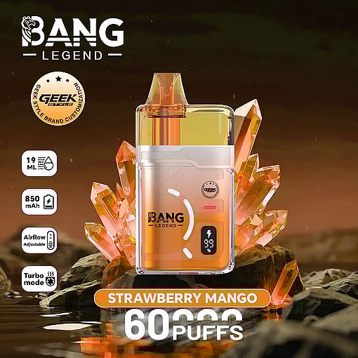 Orange Bang Legend disposable vape labeled Strawberry Mango, with crystal backdrop; shows 60 puffs, 19 mL, 850 mAh, adjustable airflow, turbo mode.