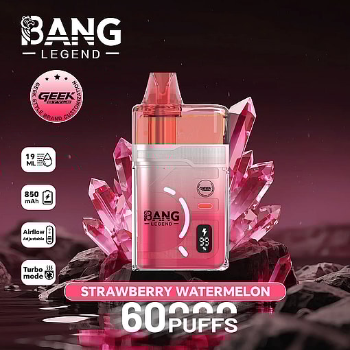 Pink Bang Legend disposable vape in strawberry watermelon flavor with 60 puffs, 19 ml e-liquid and 850 mAh battery, adjustable airflow.