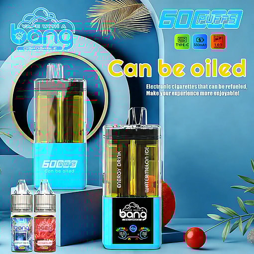 Bang disposable vape ad with two blue devices, clear tanks, and small e-liquid bottles against tropical decor, can be oiled.