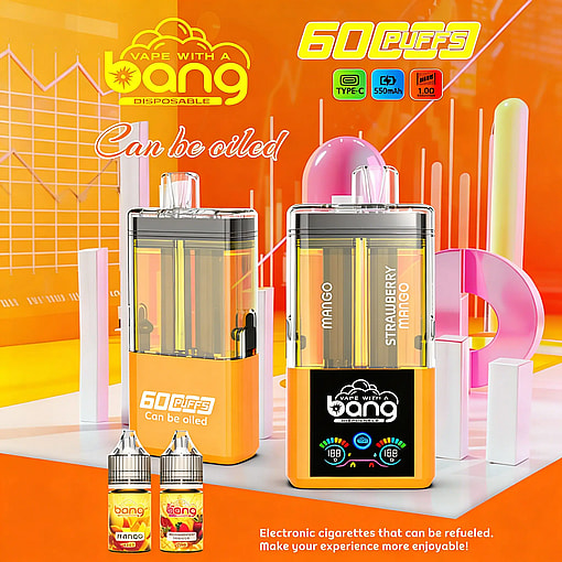 Two mango Bang disposable vape devices (60 puffs) with transparent tanks and orange bases on a bright orange background.
