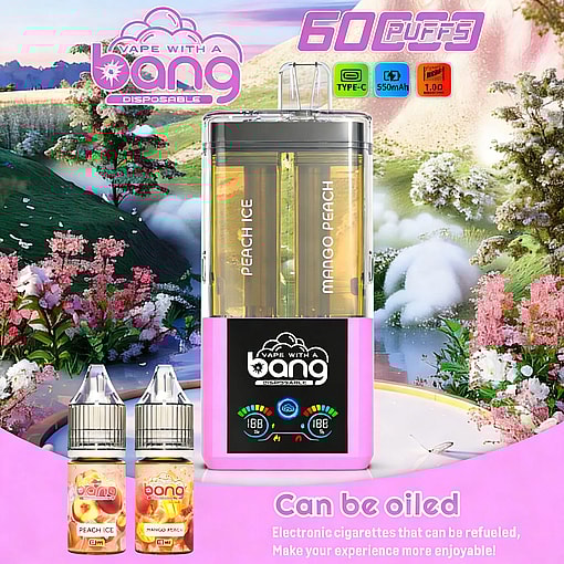 A pink dual-chamber disposable vape labeled Bong with Peach Ice and Mango Peach flavors, 60 puffs, set against a colorful floral landscape.