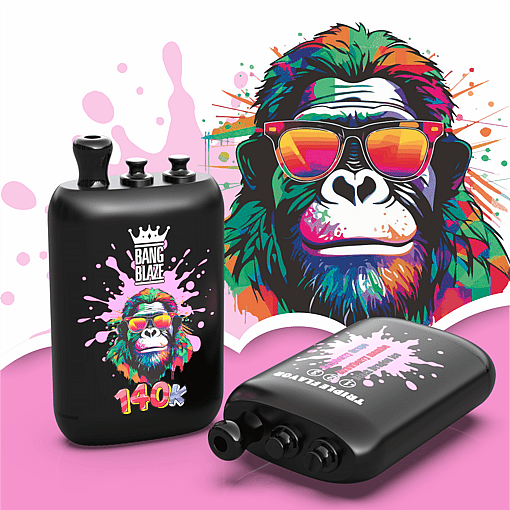 Glossy black bottle with neon graffiti gorilla wearing rainbow sunglasses, pink splash background, and BANG BLAZE 140K branding.