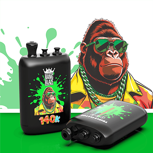Cartoon gorilla in green sunglasses and a yellow jacket with a green chain, beside black bottles with neon green splashes.