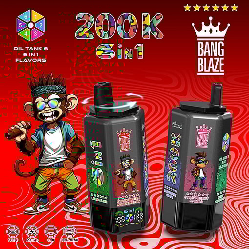 Two black Bang Blaze vape pods on a red swirl background with a cartoon monkey and 6 in 1 flavors.