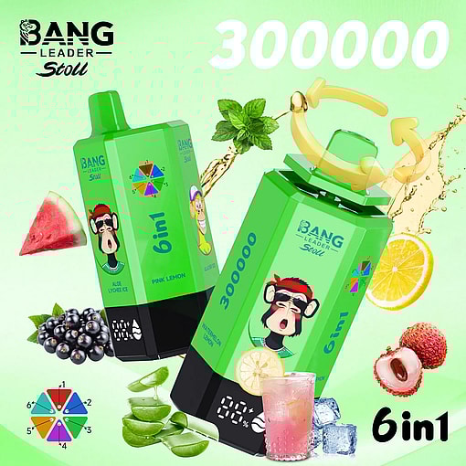 Two green 6in1 juice bottles with a cartoon monkey, surrounded by fruit like watermelon, lemon, berries, and a pink drink.