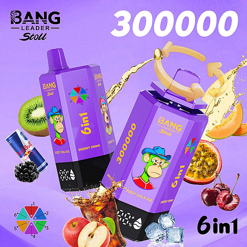 Purple-themed ad for BANG LEADER Stoll 6in1 energy drink, with purple bottles, a monkey mascot, fruit graphics, and 300000.