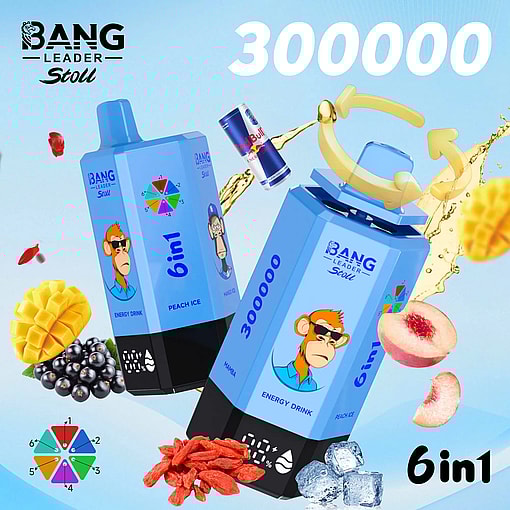 Two blue Bang Leader Stoll energy drink boxes featuring a cartoon monkey, peach ice flavor, and the bold 300000 with fruit imagery.