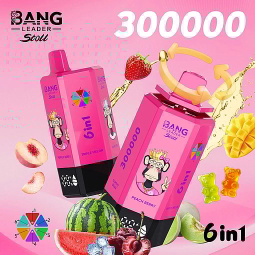 Two pink Bang Leader Stoll 6in1 drink bottles with a cartoon monkey; Peach Berry and Triple Melon flavors.