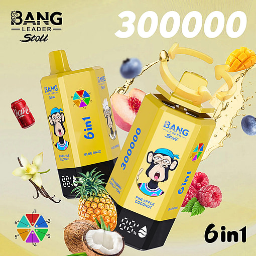 Two yellow 6in1 Bang Leader Stoll juice cartons with a cartoon monkey logo, surrounded by tropical fruits and a splashy background.
