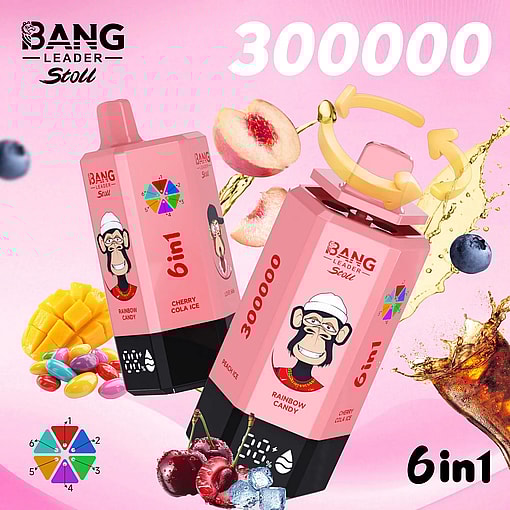Two pink 6in1 Rainbow Candy drink cartons with a cartoon monkey logo, peaches, mango, berries, and 300000.