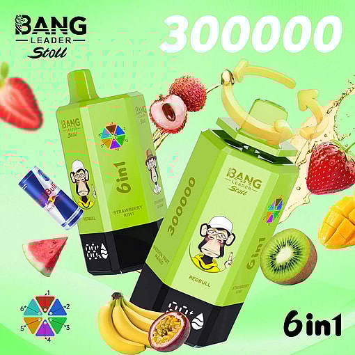 Bright green Bang Leader Stoll 6in1 juice cartons with monkey logo, fruit illustrations, a Red Bull can, and 300000 in white