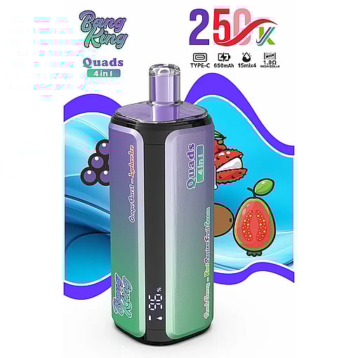 Vape mod with gradient green to purple, detachable purple mouthpiece, labeled Quadals 4 in 1 with fruit flavor names on sides, colorful background.