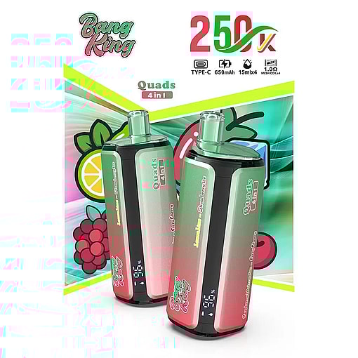 Two green and pink Bang King Quads 4-in-1 vape devices displayed against a colorful fruit-themed background with “Quads 4 in 1” label and 2500mAh capacity icons.