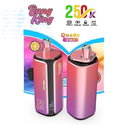 Bang Ring 250K Quads 4 in 1 vape pod with pink to purple gradient, two refillable vape devices, colorful background.
