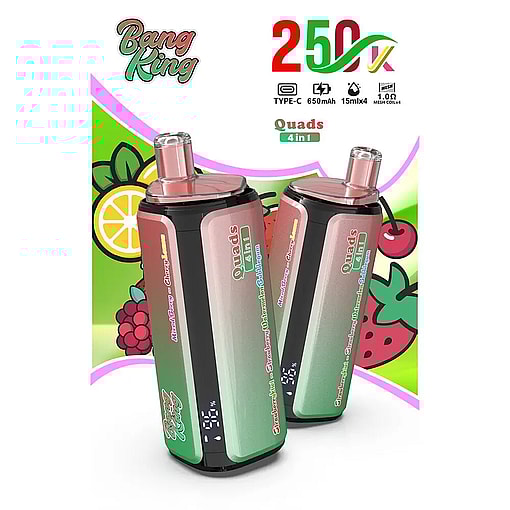 Two pink-green gradient vape devices with black bases standing side by side, featuring Quads 4 in 1 branding and fruit-themed graphics in the background.
